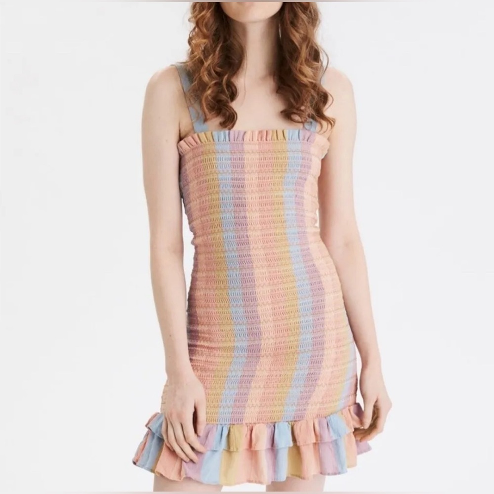 American Eagle Pastel Rainbow Bodycon Smocked Mini Dress Women’s Size Small